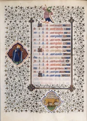 Página do manuscrito "Les Tres Riches Hours du Duke François de Guise" iluminado pelo Mestre de Boucicaut: representação dos signos do zodíaco e cenas da vida quotidiana: o touro. Século XV. Musee Conde, Chantilly