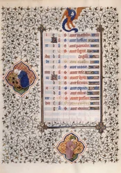 Página do manuscrito "Les Tres Riches Hours du Duke François de Guise" iluminado pelo Mestre de Boucicaut: representação dos signos do zodíaco e do trabalho agrícola: equilíbrio e colheita. Século XV. Musee Conde, Chantilly