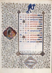 Página do manuscrito "Les Tres Riches Hours du Duke François de Guise" iluminado pelo Mestre de Boucicaut: uma representação dos signos do zodíaco e cenas da vida quotidiana: peixes e um homem a aquecer-se em frente a uma chaminé. Século XV. Musa