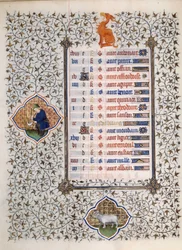 Página do manuscrito "Les Tres Riches Hours du Duke François de Guise" iluminado pelo Mestre de Boucicaut: representação dos signos do zodíaco e cenas da vida quotidiana: o campanário e um homem a cortar vime. Século XV. Musee Conde, Chantilly
