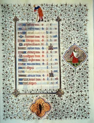 Página do manuscrito "Les Tres Riches Hours du Duke François de Guise" iluminado pelo Mestre de Boucicaut: representação dos signos do zodíaco e cenas da vida quotidiana: escorpião e plantação. Século XV. Musee Conde, Chantilly