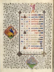Página do manuscrito "Les Tres Riches Hours du Duke François de Guise" iluminado pelo Mestre de Boucicaut: representação dos signos do zodíaco e cenas da vida quotidiana: o capricórnio e a caça ao javali. Século XV. Musee Conde, C