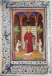 Representação de São Leonardo (século VI), eremita de Limousin, libertando dois prisioneiros Página do manuscrito "Les Tres Riches Hours du Duke François de Guise" iluminado pelo Mestre de Boucicaut. Século XV. Musee Conde, Chantilly