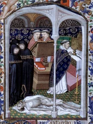 Cena de cerimônia funerária e dança macabra Miniatura tirada do "Livro de horas" usado em Paris" iluminado pelo Atelier du Maitre d Boucicaut, aproximadamente 1415. Paris, B.N.