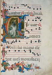 Inicial iluminada com a figura de San Romualdo (Corale 8, c. 76), para o livro coral 8 de Santa Maria degli Angeli