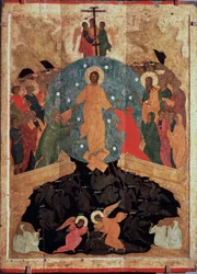 A descida ao Inferno. Episódio da Ressurreição, imediatamente após a sua morte, Cristo desceu às portas do reino dos mortos (limbo) onde as almas vegetam enquanto aguardam a visão beatífica, a fim de libertar as almas dos judeus.