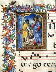 Lettrina decorativa representando a tentação de Cristo Miniatura por Liberale da Verona (1445-1529) de um coro (Cod. 20/5. c.45v) da catedral de Siena. Catedral do século XV (Duomo) de Siena, Itália