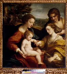 O Casamento Místico de Santa Catarina de Alexandria com São Sebastião Pintura de Antonio Allegri (dit Correggio ou Le Correge 1489-1534) Sol do século XVI. 1,05x1,02 m Paris, Musee du Louvre.