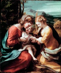 O casamento místico de Santa Catarina de Alexandria. Pintura de Antonio Allegri (conhecido como Correggio ou Il Correggio, 1489-1534). Cerca de 1520. 28,5 x 23,5 cm. Nápoles, Museo di Capodimonte