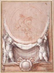 Dois putti apoiando um medalhão no qual o Cristo carregado de nuvens é representado (giz vermelho sobre papel branco)