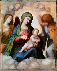 Virgem e Criança Rodeadas por Dois Anjos e Querubins Pintura de Allegri Antonio dit Il Correggio (O Corrego