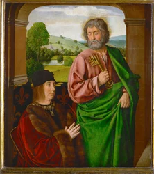 Pierre II, pai de Beaujeu, duque de Bourbon, apresentado por São Pedro ...