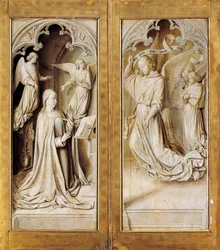 Anunciação em grisaille (cinza monocromático), asas exteriores do tríptico (ca. 1489-1502) pelo Mestre de Moulins, na Catedral de Notre-Dame, Moulins, França.