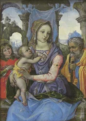 Madonna e Criança com São José e Anjo, c.1490 (têmpera sobre tela, transferida da madeira)