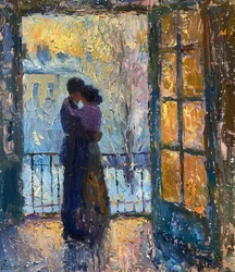 Pintura a óleo impressionista de um casal apaixonado para arte de parede e impressões em tela