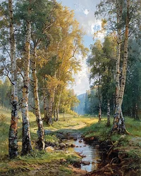 Um riacho que corre através de um bosque de bétulas, Decorações de parede para qualquer divisão
