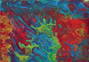 Resumo: Pintura em acrílico com efeito de derramamento em vermelho, azul e amarelo