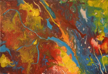 Resumo: Pintura em acrílico com efeito de derramamento em vermelho, azul e amarelo