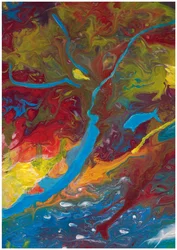 Resumo: Pintura em acrílico com efeito de derramamento em vermelho, azul e amarelo