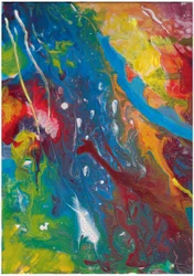 Resumo: Pintura em acrílico com efeito de derramamento em vermelho, azul e amarelo