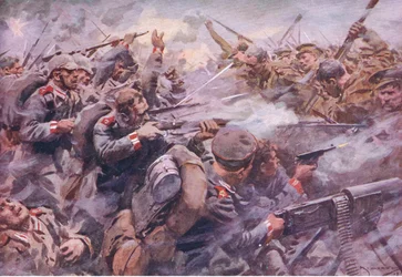 A derrota da Guarda Prussiana em Zonnebeke, da História da Grande Guerra Vol. 3 publicada por Waverley Book Co Limited, c.1920