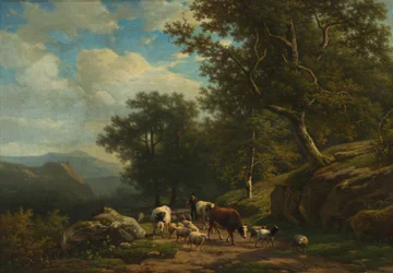 Paisagem com um camponês e o seu rebanho, c.1850-59 (óleo sobre tecido)
