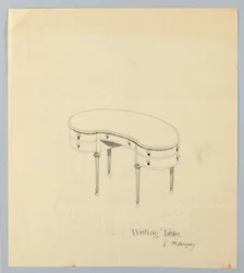 Design para mesa de escrita em forma de rim com pés em forma de pêra