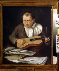 Guitarrista. Pintura por A. Artsybashev (século XIX). Óleo sobre tela, 30,5 x 26 cm