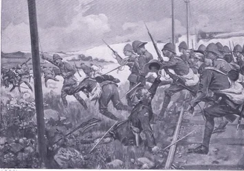 Carga dos fusiliers escoceses em Frederikstad, ilustração fromAfter Pretoria: The Guerilla War, 1902