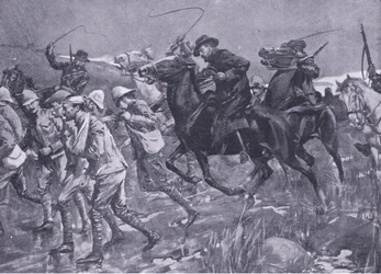 De Wets tratamento de prisioneiros de guerra britânicos em marcha, ilustração deApós Pretória: A guerra de guerrilha, 1902