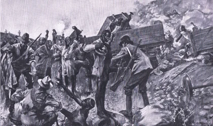 A demolição do trem perto de Taaibosch, de After Pretoria: The Guerilla War, publicado pela Harmsworth Bros Limited, 1901