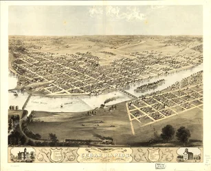 Vista aérea da cidade de Cedar Rapids e Kingston, Linn Co., Iowa 1868. LOC 73693391
