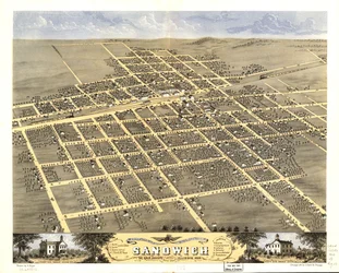Vista aérea da cidade de Sandwich, Condado de De Kalb, Illinois, 1869. LOC 73693372