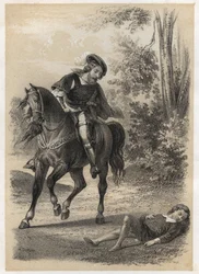 Jacques Amyot (1513-1593), resgatado, aos 10 anos de idade por um viajante. Gravura de A. Duruy em "Illustrations litteraires de la France; ou, Galerie anecdotique de nos principaux auteurs ints par leurs actions et leurs inscriptions" de J.B. Maigrot. 186