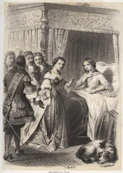 Madame Deshoulieres, Antoinette Ligier de La garde (1637-1694), sobrecarregada com perguntas da sua comitiva depois de uma noite passada com o medo do fantasma. Gravado por A. Duruy em "Illustrations litteraires de la France; ou, Galerie anecdotique de nos
