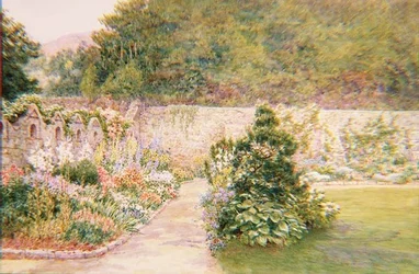 O Jardim no Undermount, Bonchurch, Ilha de Wight com São Bonifácio à distância
