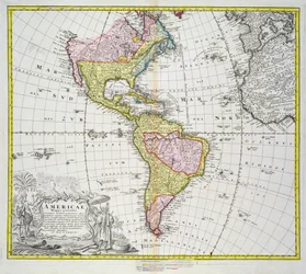 Mapa das Américas, publicado por Homann, 1746 (gravura a cores)