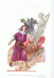 Ferdinand seguiu com espanto o som da voz de Ariel (The Tempest), de Tales from Shakespeare pub. por Ward Lock & Co Ltd