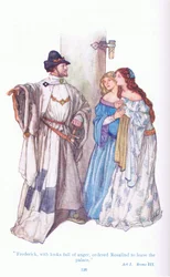 Frederick com ar de raiva, ordenou que Rosalind deixasse o palácio (As You Like It), de Tales from Shakespeare pub. por Ward Lock & Co Ltd