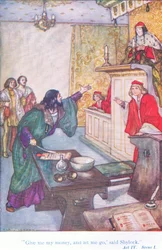 "Dá-me o meu dinheiro e deixa-me ir", disse Shylock (O Comerciante de Veneza), de Tales do pub de Shakespeare. por Ward Lock & Co Ltd