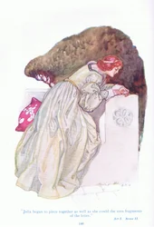 Júlia começou a juntar os fragmentos da carta (Two Gentlemen of Verona), de Tales from Shakespeare pub. por Ward Lock & Co Ltd