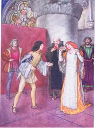 Tirando sua máscara, a senhora desconhecida provou não ser sobrinha (como foi apresentado) pela própria senhora herói (Much Ado About Nothing), de Tales from Shakespeare pub. por Ward Lock & Co Ltd