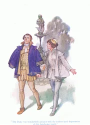 O duque ficou maravilhosamente satisfeito com o endereço e o depoimento deste belo jovem (Twelth Night), de Tales from Shakespeare pub. por Ward Lock & Co Ltd