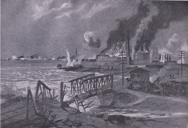 Destruição de um estaleiro naval em Bari (Itália) por destruidores de torpedos austro-húngaros, do pub The Illustrated History of the World War 1914-1915, pela Union Berlagsefellfchaft