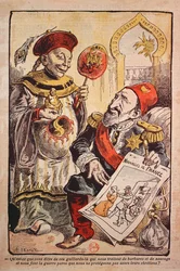 Caricatura que denuncia a hipocrisia e os dois pesos e duas medidas da Europa Ocidental nas suas críticas e no seu comportamento perante a China e o Império Otomano