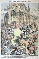 Sucesso da contagem decrescente: escolas sem Deus, roubo, despejos, separação... "E as igrejas estão ainda mais cheias do que antes!" - Cartum contra o anticlericalismo de Lemot, em "Le Pelerin" de 11/04/1909
