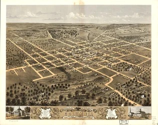 Vista aérea da cidade de Columbia, Boone Co., Missouri, 1869. LOC 73693473
