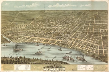 Vista aérea da cidade de Memphis, Tennessee, 1870. LOC 73694530