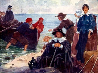 Um grupo de exilados amarrou a sua barca na costa selvagem da Nova Inglaterra, 1620, 1905.
