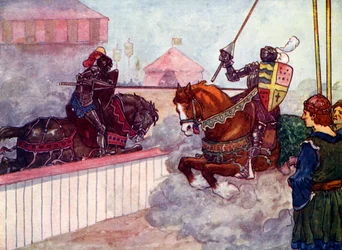 O conde cavalgou várias vezes em Edward até que sua lança estava lascada na mão, c1270, 1905.